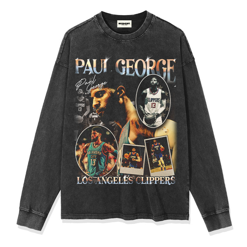 Paul George American Star camiseta hip-hop de la calle impresión retro hacer viejos lavado pesado cuello redondo mangas cortas