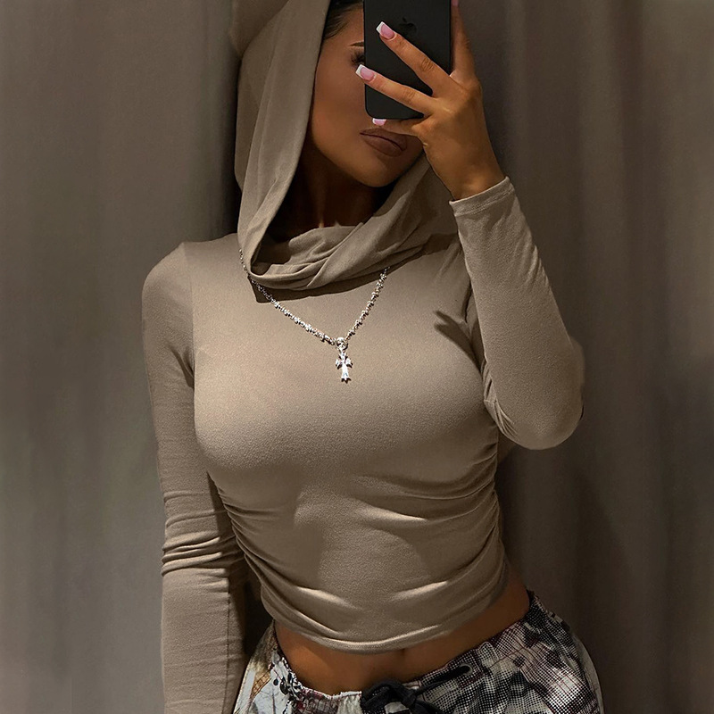 Casual Street Pleated Hooded Bottoming T-Shirt 2024 European and American Sports Slim-Fitting Navel-Baring Slim Long-Sleeved Sexy Top