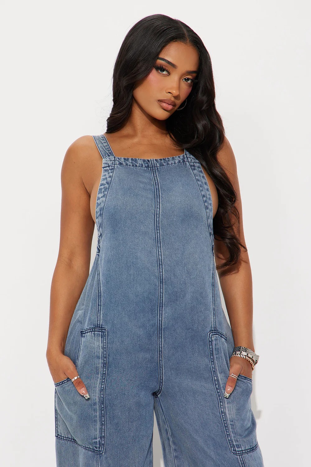 Dam denim jumpsuit med vida ben i amerikansk stil_voghion.com
