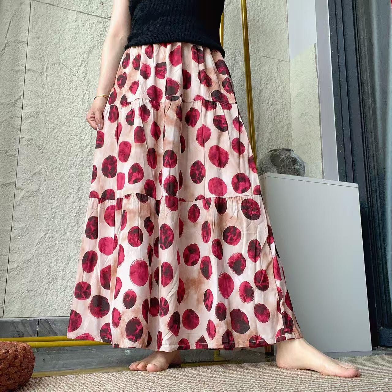 Summer Cotton Silk Floral Skirt for Women, High-Waisted Slimming Mid-Length Skirt, Fresh and Sweet, Can Be Worn at Home or Outside