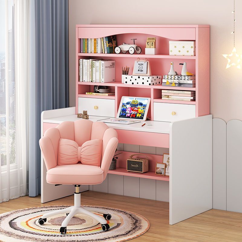 Children's Desk Bookshelf Bookcase Integrated Student Learning Writing Table Home Girl's Bedroom Computer Desk and Chair Set