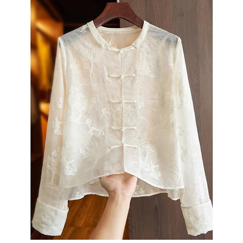 In-Stock Factory Direct Wholesale White Silk Satin New Women's Long-Sleeve Shirt with Heavy Embroidery and Traditional Chinese Buttons Made of Mulberry Silk