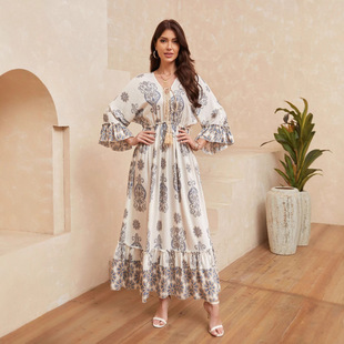 Bohemian Style Cross-Border V Neck Printed Mid-Sleeve Ruffled Waist Rope Dress Vacation Strappy Backless Skirt