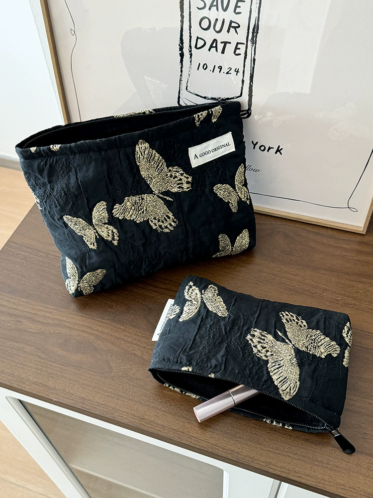 Косметичка из ткани, золотая аппликация-бабочка, маленькая 19×3×12 см или большая 26×5×18 см
