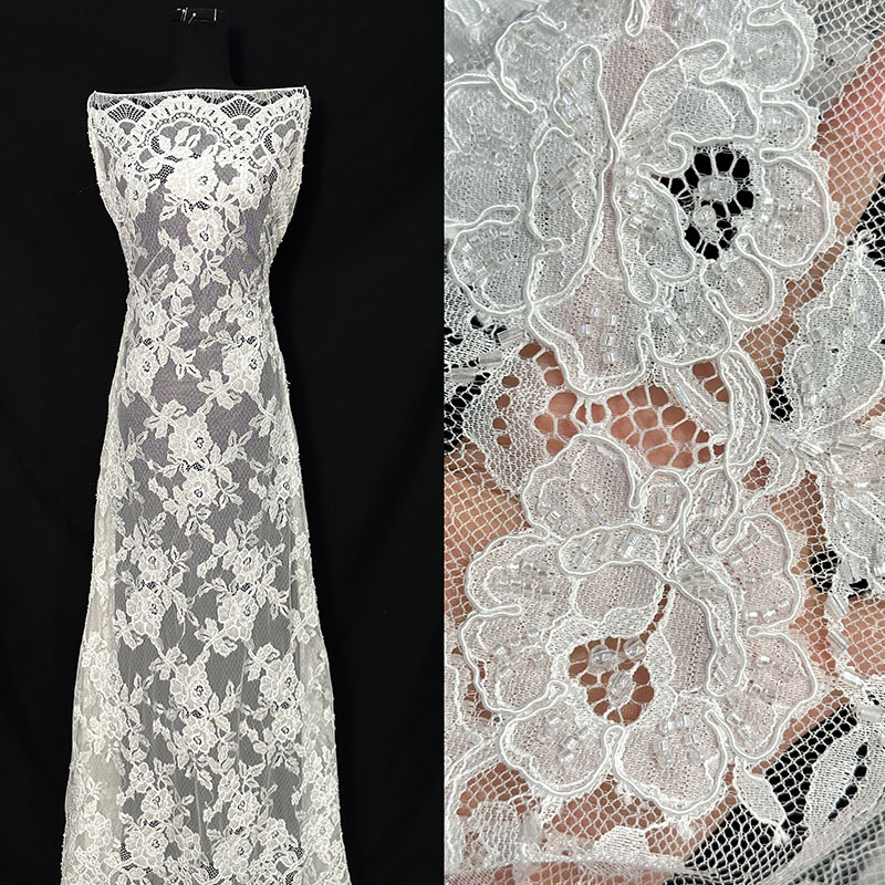Tejido de bordado de flores de encaje suave de estilo francés Tejido de bordado de perlas Tejido de encaje bajo perfil Tejido de ropa de banquete de moda