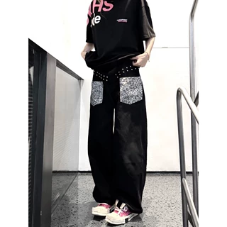 美式复古豹纹拼接撞色阔腿裤女宽松嘻哈街头风牛仔裤休闲裤弯刀裤