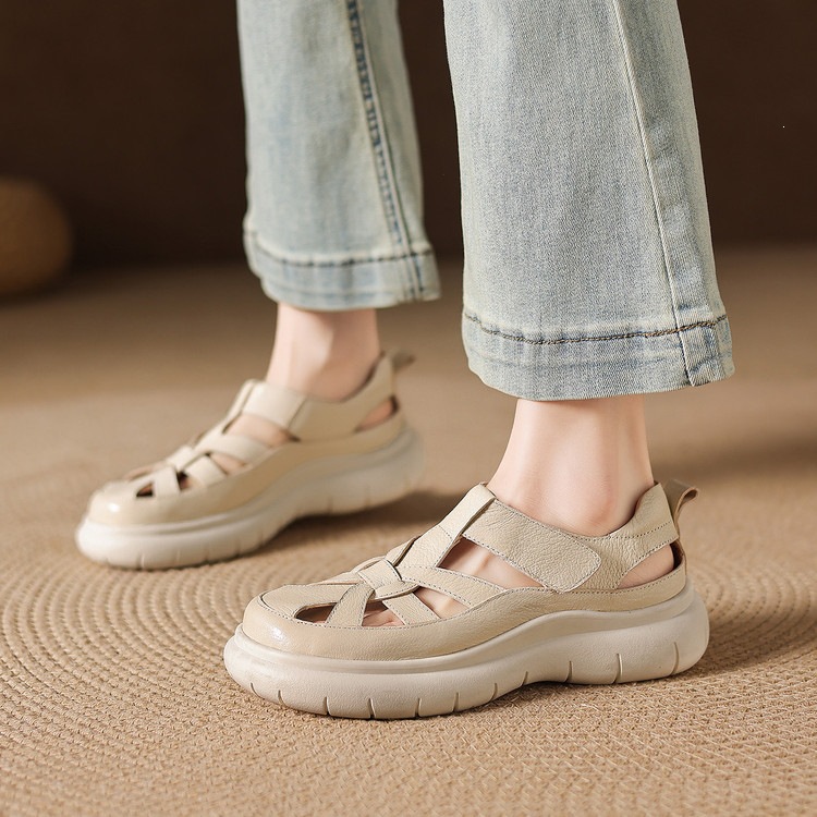Sandal nữ đế dày da cừu phối quai ngang phong cách học đường — màu đen, màu trắng ngà chi tiết 27