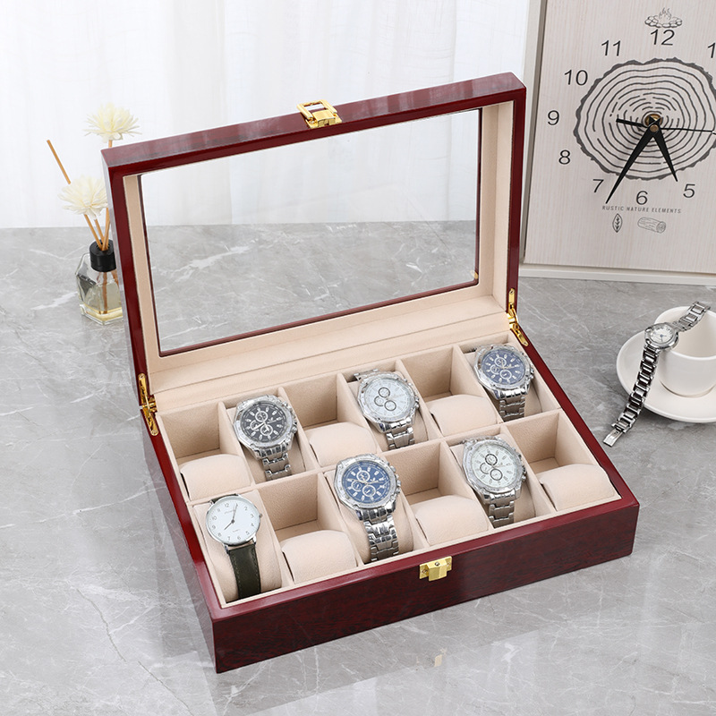 En stock caja de reloj de madera de pintura roja de 12 bits contador de reloj de gama alta de estilo europeo caja de presentación de hebilla abatible transparente