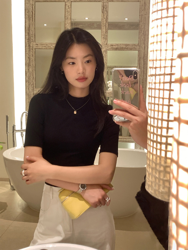 pusumede 半高领黑色短袖T恤女春秋半袖打底衫修身显瘦针织上衣|undefined