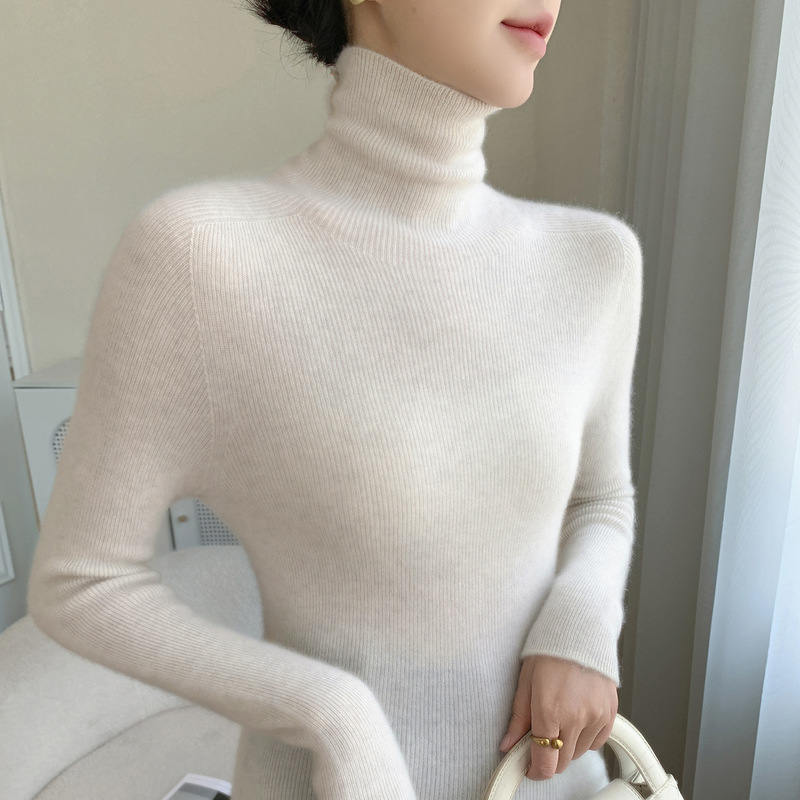 New Autumn and Winter Cashmere Knit Sweater for Women, Long-Sleeve, Ribbed, Turn-Down Collar, Slim-Fit, Base Layer, Thickened Top