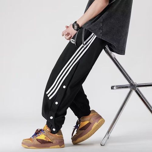 Workwear Pants for Men, American Style Summer Side Striped Buttoned Tapered Sports Pants for Men, Loose Trend Brand High Street Casual Sweatpants