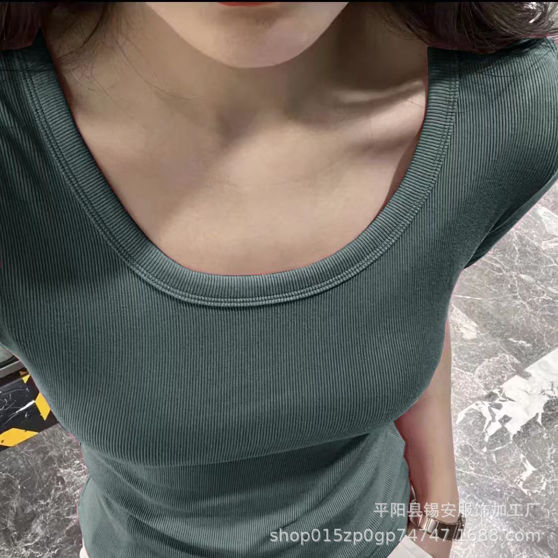 스레드 코튼 고탄성 라운드 넥 반팔 다크 그레이 그린