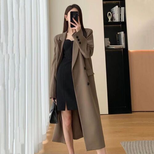 Women's Plus Size Long-Sleeve Suit Jacket for Plus Size Women 2025 Spring Loose High-End Knee-Length Trench Coat
