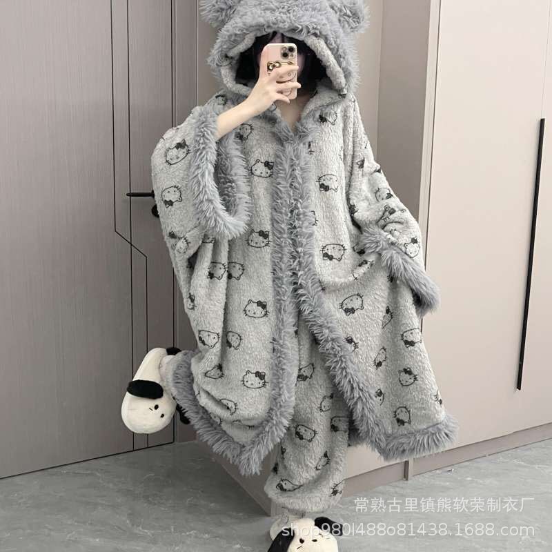 凯蒂猫睡袍女秋冬斗篷加厚季加绒睡衣居家服套装珊瑚绒睡衣可外穿|undefined
