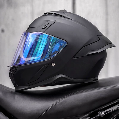 Motosiklet kaskı (dəbilqə) – riding, full-face motorcycle helmet - matte-black-finish-electronic-blue-mirror-coating-includes-a-transparent-mirror-m55-56cm