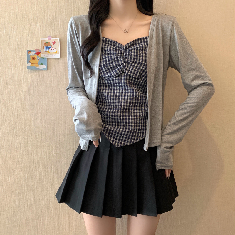 2025夏季新款大码胖MM薄款防晒罩衫格纹吊带两件套|undefined