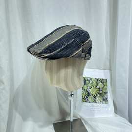 日系复古水洗做旧牛仔条纹前进帽女春夏时尚休闲画家贝雷帽鸭舌帽