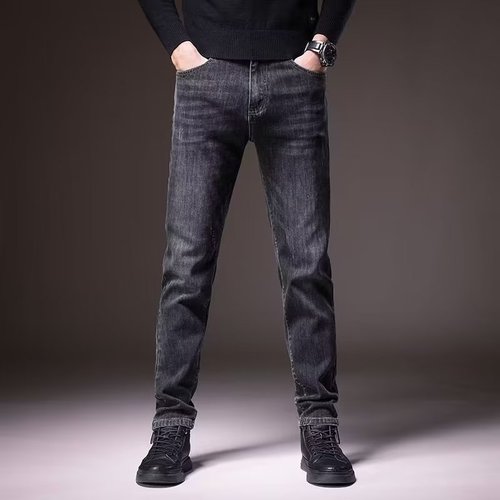 Men's Jeans Autumn/Winter 2024 Slim Straight Elastic Black Petite Length Pants for Men Korean Style Trendy Design