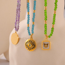 跨境多巴胺个性设计天然水晶手工串珠钛钢眼睛蝴蝶几何吊坠项链女