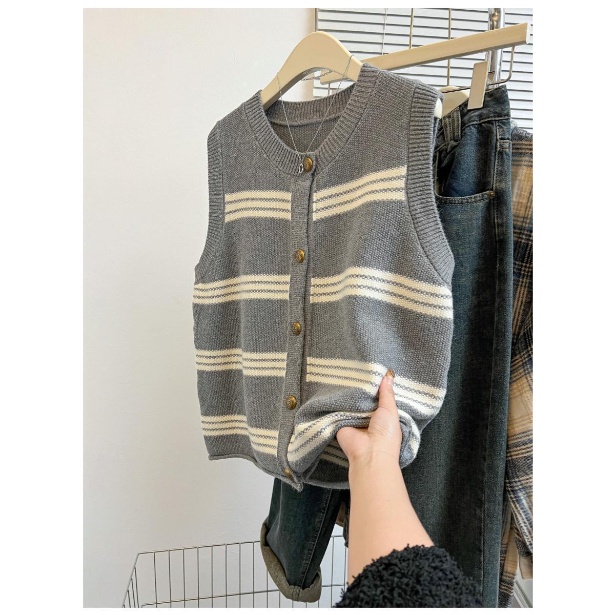 Cardigan de punto a rayas chaleco de mujer 2025 primavera y otoño suéter de hombro suéter chaleco chaleco