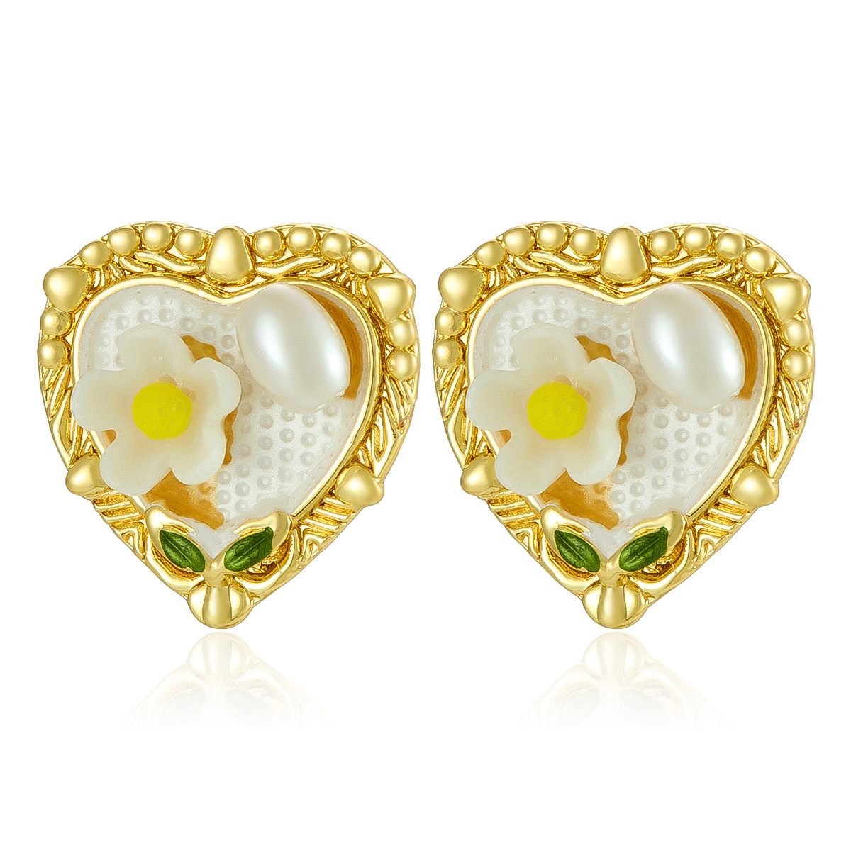 Pintura al óleo retro literaria, estilo melocotón, flor de corazón, pendientes de perlas, lujo ligero femenino, elegante, tendencia de moda exquisita, pendientes de todo fósforo