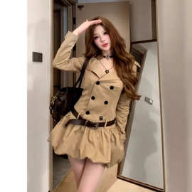 韩系学院风美拉德长袖连衣裙子女深秋季2025新款收腰a字花苞短裙