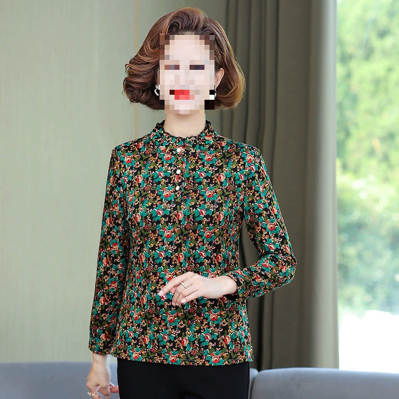 Весенние и осенние женские рубашки с длинными рукавами, новые топы больших размеров для мам среднего возраста, рубашки с цветочным принтом и полувысоким воротником с принтом.