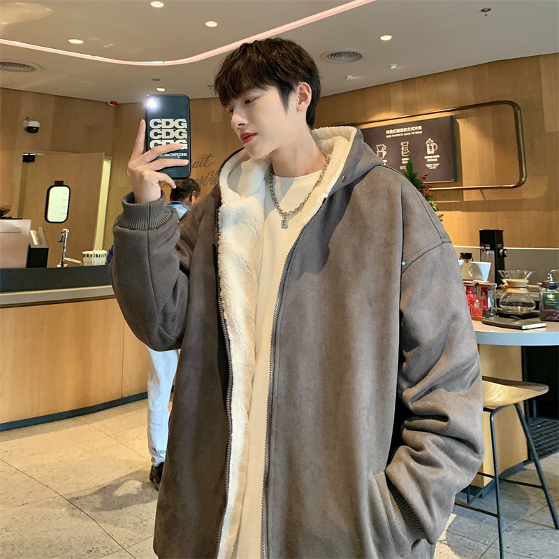 가을과 겨울 두꺼운 양고기 후드 루즈 기모 커플 단색 하이 스트리트 코튼 패딩 자켓 코튼 패딩 재킷 미국면 패딩 자켓 윈터 코트