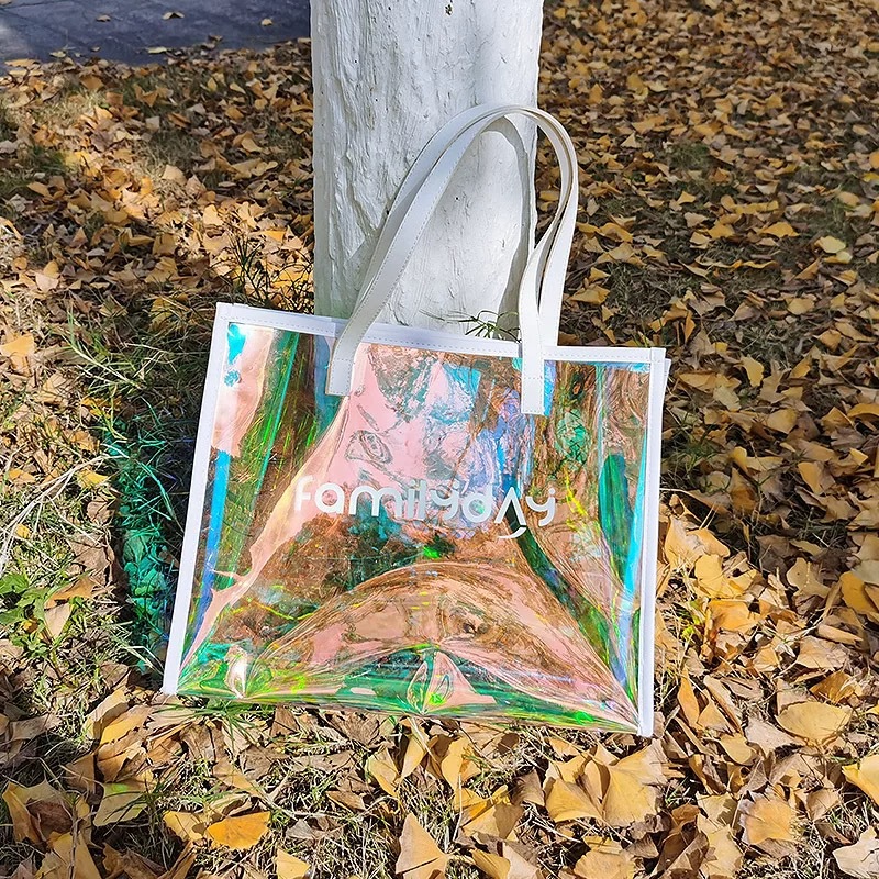 Bolsa de mano transparente de pvc, bolsa de ropa láser colorida, bolsa de compras, bolsa de regalo de plástico ins, bolsa de gelatina de red tpu