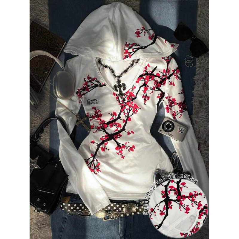 Women's New Style Plum Blossom Pattern Printed Hooded Slim Fit V-Neck Long-Sleeved T-Shirt, Fashionable, Casual, Everyday and Versatile