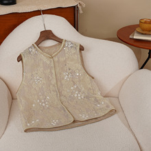 安斐欧娜2025新款国风重工钉珠亮片蕾丝花纹欧根纱女无袖背心马甲