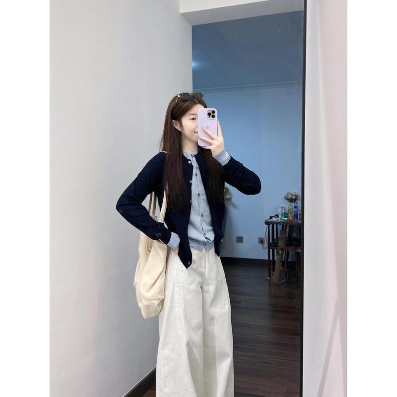 Fake Two-Piece Layered Loose Top for Women in Autum New Contrasting Color Splicing Knitted Cardigan Preppy Style Sweater Jacket