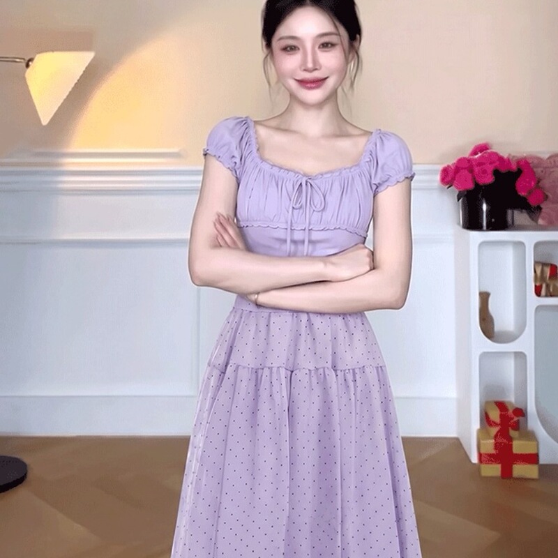 Real Price, in Stock, Gentle Style, Light Purple Lace Square-Neck Top, Women's New Summer Style Elastic Waist Skirt Two-Piece Set
