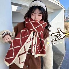 生日礼物红色围巾女冬季韩版格子百搭保暖针织毛线高级感学生围脖