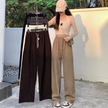 超细条阔腿裤女2024新款灯芯绒休闲裤垂感显瘦笑脸双腰带直筒裤