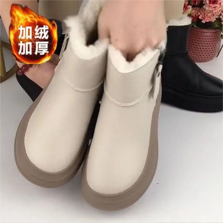 ShoeGlobe Thick-Soled Leather Waterproof Snow Boots For Women, Fleece-Lined, Thickened, Non-Slip, Warm, Height-Increasing Cotton_voghion.com
