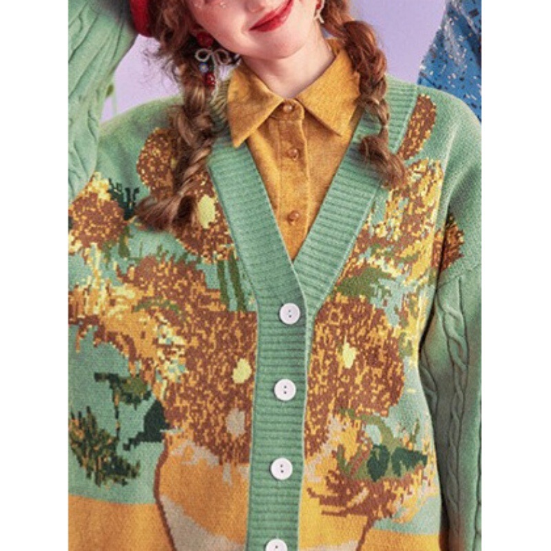 Van Gogh Sweater Cardigan 2026 New Style Women's Spring Lazy Knitted Jacket Brilliance and Obsession