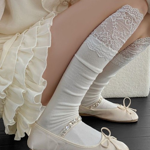 White lace edge ankle socks for spring and autumn, suitable for knights' boots, JK style, showing edge, mid-calf cotton socks, versatile