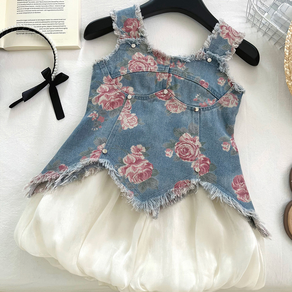 Girls' Denim Suspender Set Summer 2026 New Stylish Printed Top and Floral Pants Two-Piece Set Trendy