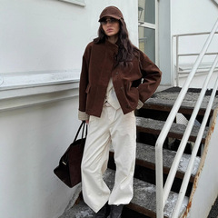 复古美拉德纯色麂皮绒立领夹克外套女欧美跨境外贸秋冬新款2025