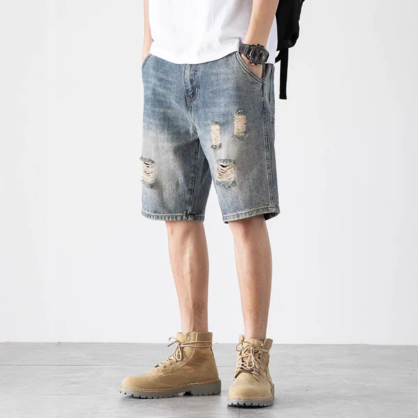 Five-point Denim Shorts Men's Korean-style Ripped Loose Slim-fit Summer Thin Cropped Casual Pants Retro plus size Trendy