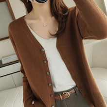 批发2024春秋季新款针织衫V领开衫女外套纯色宽松短款外搭毛衣春