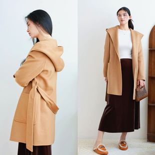 25 New Autumn and Winter m Brand High-Count Cashmere Double-Sided Wool Hooded Coat, Belted Arch-Stitch Bathrobe Mid-Length Coat
