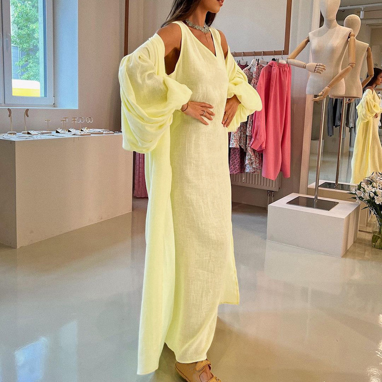 Women's Fashion 2026 Spring And Autumn New Casual Vest Dress With Puff Sleeves, Solid Color Long Robe Two-Piece Set_ecoleips.com