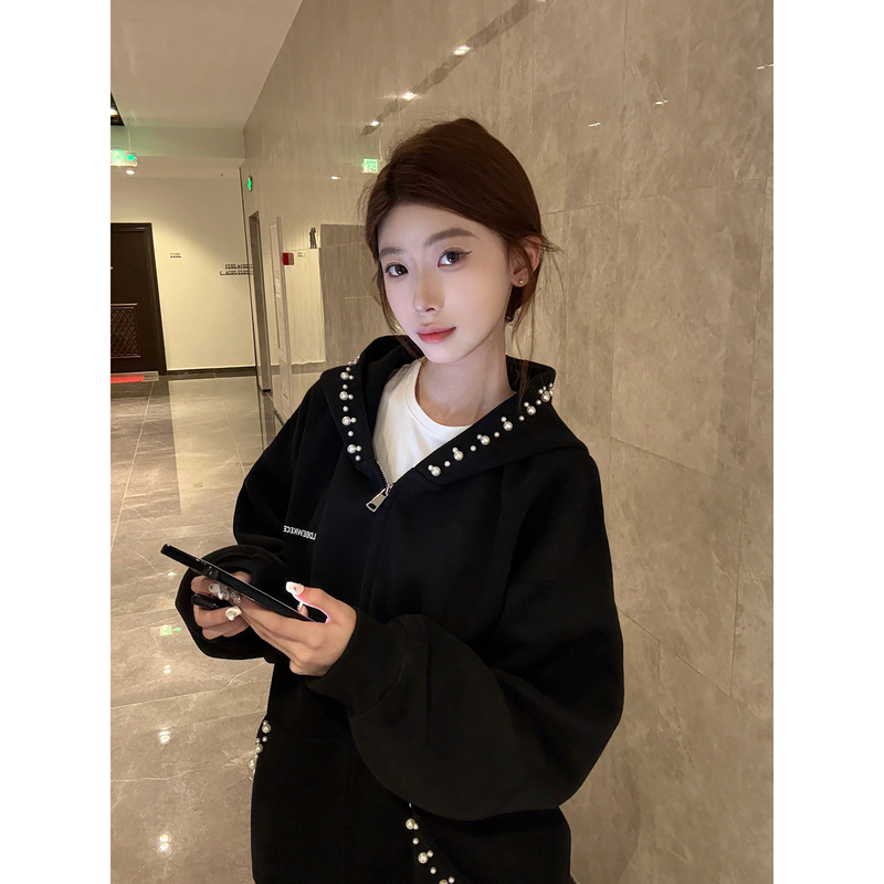 Pure Cotton American Retro Pearl Letter Embroider Hooded Cardigan Sweatshirt for Women Spring and Autum Loose Casual Versatile Jacket