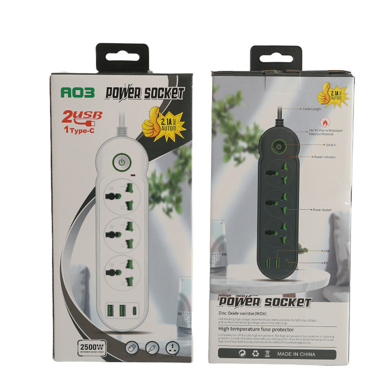 Interfaz 2USB + 1Type-c con caja negra con caja blanca con puerta de seguridad para niños con interruptor verde con anillo de decoración de interruptor