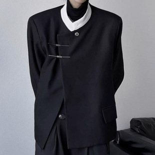 New Chinese Style Stand Collar Shoulder Pad Suit Jacket Men's Spring and Autumn Trendy Niche Design Metal Buckle Casual Suit Suit