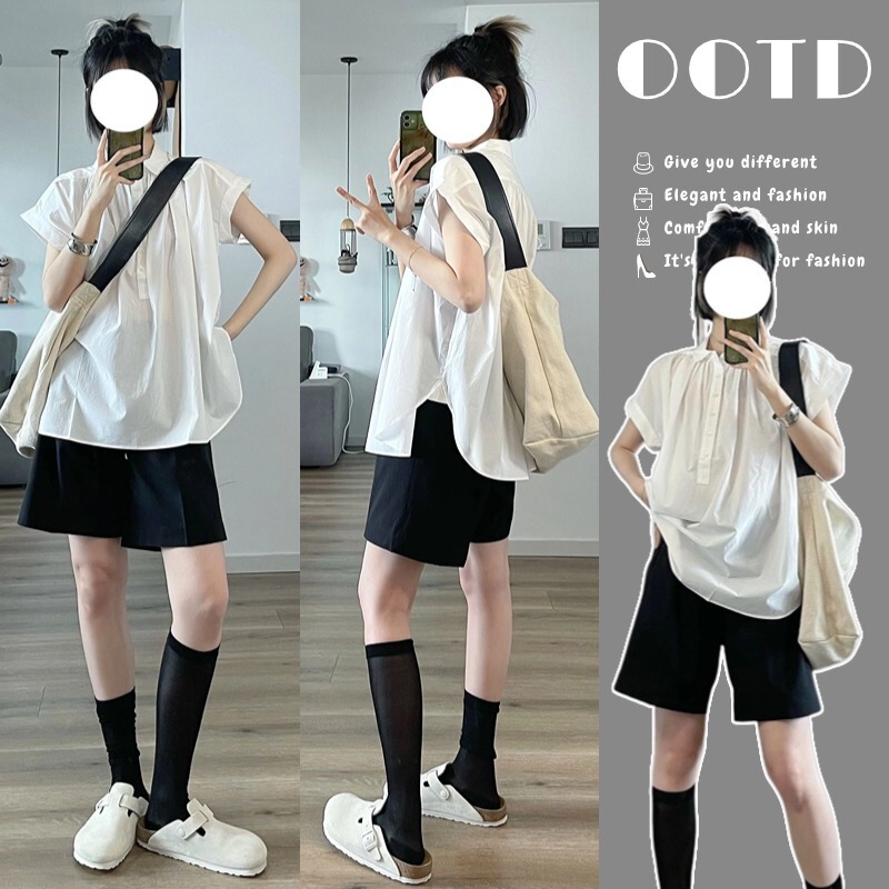 Pregnant Women's Summer French Polo Collar White Pleated Loose Short-Sleeved Shirt + Belly Support Pants Casual Shirt Set