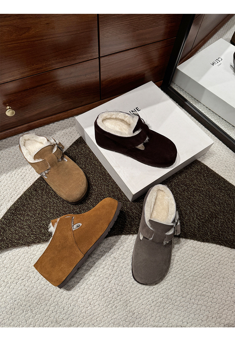 Dép lông Birkenstock da thật nữ đế dày, mũi kín lông cừu, có khóa thắt lưng, tăng chiều cao bên trong — cà phê nâu chi tiết 27
