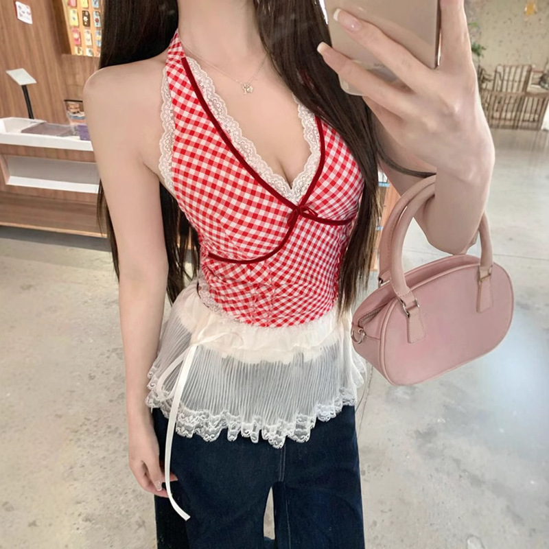 Red Plaid Camisole Vest for Women in Summer with Lace Splicing and Sexy Halter Neck Top Red Plaid Camisole Vest for Women in Summer with Lace Splicing and Sexy Halter Neck Top